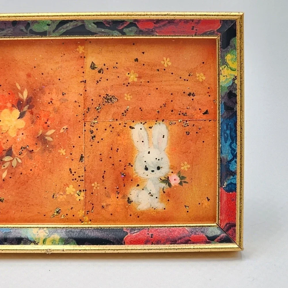 Vintage 1980s Colorful Floral Frame Gold Trim with Vintage Bunny Floral Ephemera